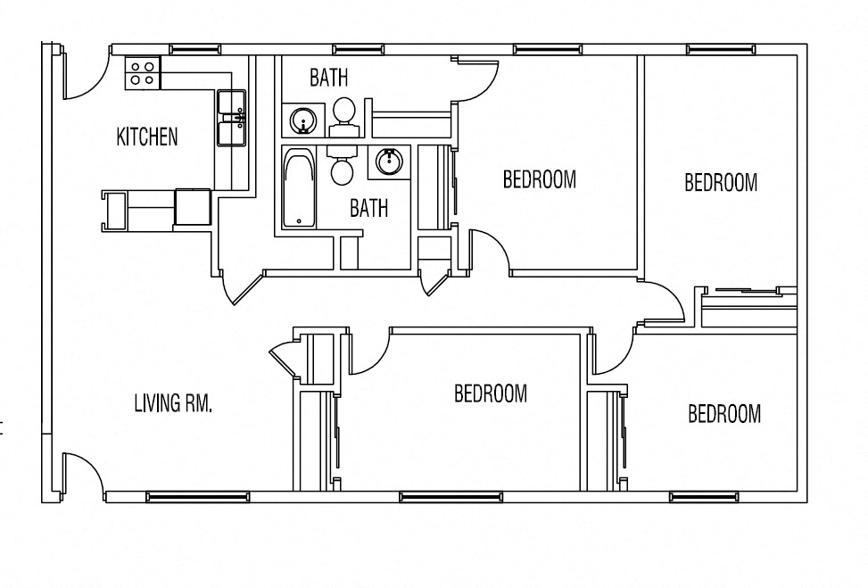 Floor plan for 4 beds, 1.5 baths, 987 sqft